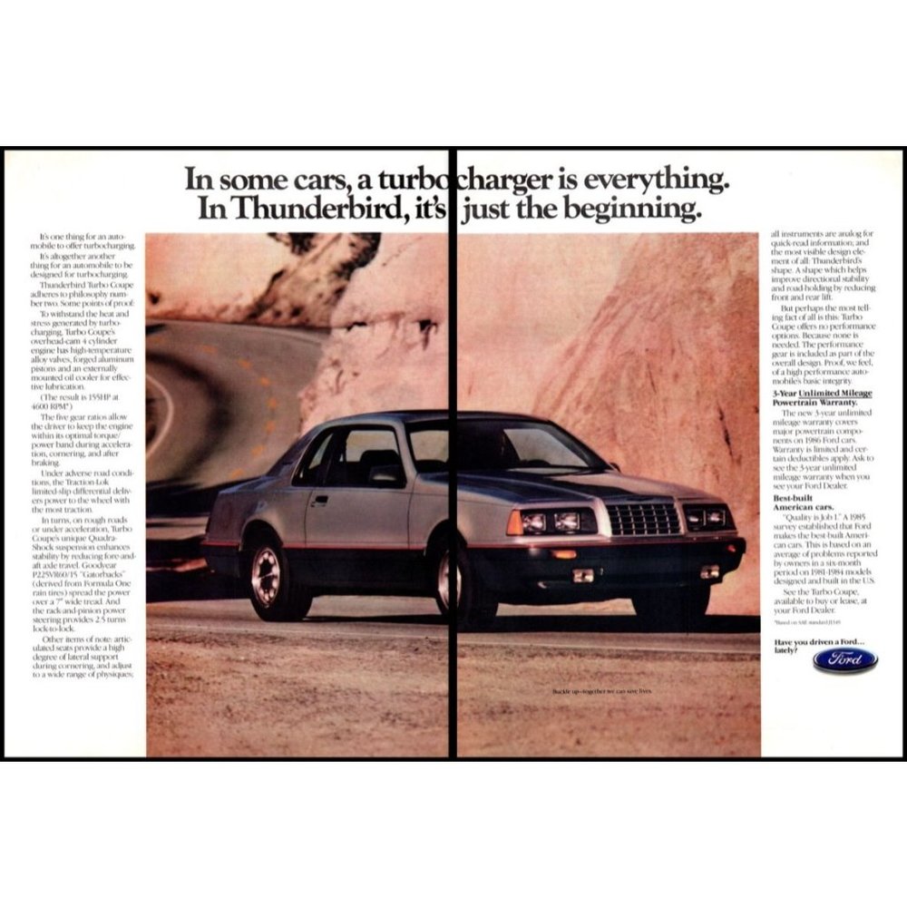 1986 Ford Thunderbird Turbo Coupe T-Bird 2 Page Vintage Print Ad Wall Art Photo